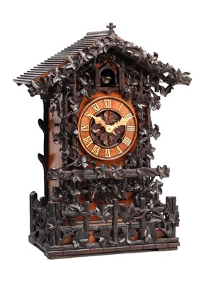 Lot 95 - A GOOD 19TH CENTURY BLACK FOREST CARVED WALNUT DOUBLE FUSEE CUCKOO CLOCK