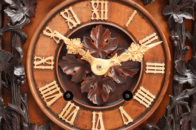 Lot 95 - A GOOD 19TH CENTURY BLACK FOREST CARVED WALNUT DOUBLE FUSEE CUCKOO CLOCK