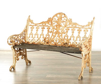 Lot A 19TH CENTURY GOTHIC COALBROOKDALE STYLE CAST IRON PAINTED GARDEN BENCH