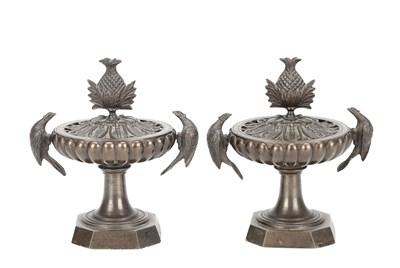 Lot A PAIR OF 19TH CENTURY GRAND TOUR PATINATED BRONZE PERFUME BURNERS WITH BIRD HANDLES
