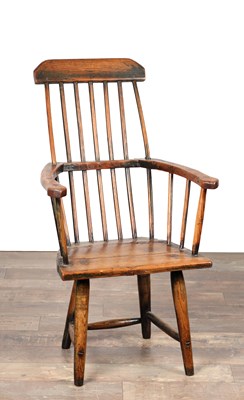 Lot AN 18TH CENTURY ASH AND ELM STICK-BACK WELSH WINDSOR CHAIR