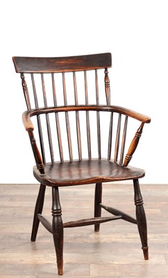 Lot AN 18TH CENTURY ASH AND ELM STICK-BACK WINDSOR ARMCHAIR