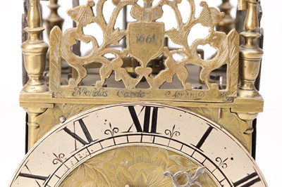 Lot 77 - NICHOLAS COXETER, LONDINI. A MID 17TH CENTURY BRASS VERGE LANTERN CLOCK