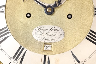 Lot 133 - A GEORGE II FIGURED WALNUT 8-DAY LONGCASE CLOCK BY BENJ: GRAY & JUST: VULLIAMY, LONDON