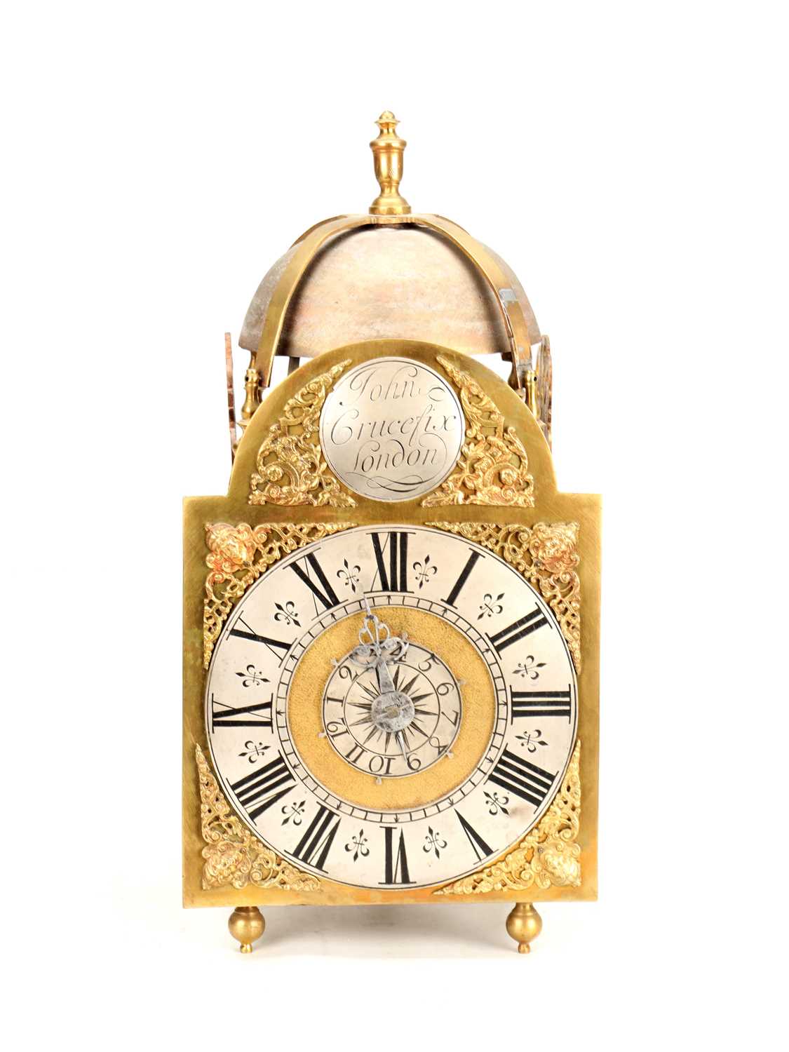 Lot 137 - JOHN CRUCEFIX, LONDON. AN EARLY 18TH CENTURY ARCHED BRASS DIAL LANTERN CLOCK WITH ALARM