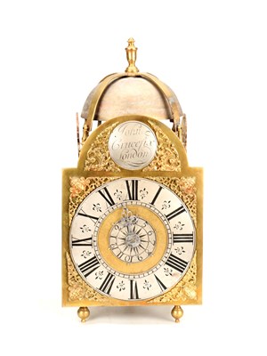 Lot 137 - JOHN CRUCEFIX, LONDON. AN EARLY 18TH CENTURY ARCHED BRASS DIAL LANTERN CLOCK WITH ALARM