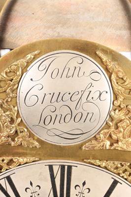 Lot 137 - JOHN CRUCEFIX, LONDON. AN EARLY 18TH CENTURY ARCHED BRASS DIAL LANTERN CLOCK WITH ALARM