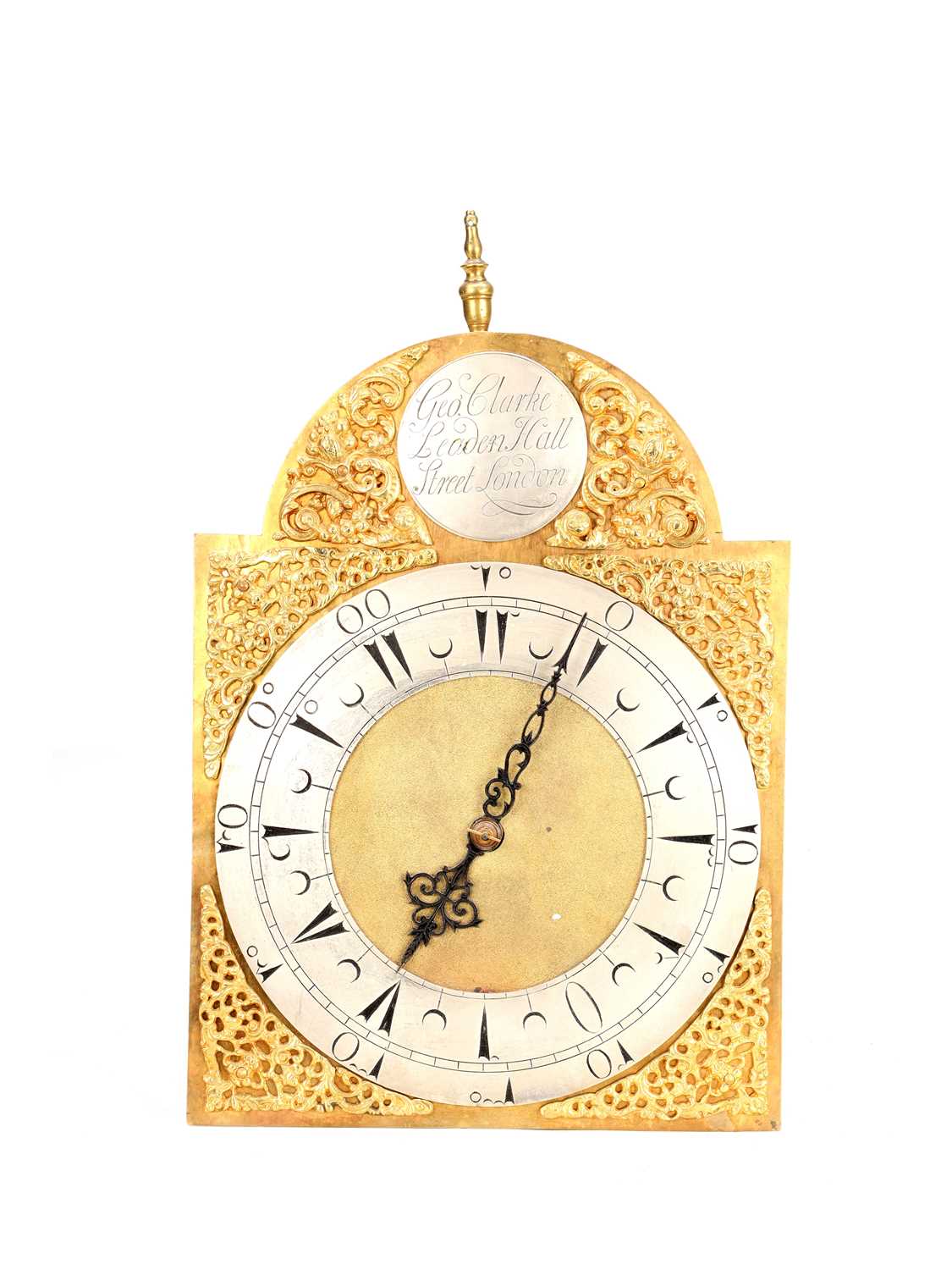 Lot 65 - GEORGE CLARKE, LONDON. AN EARLY 18TH CENTURY BRASS ARCHED DIAL LANTERN CLOCK