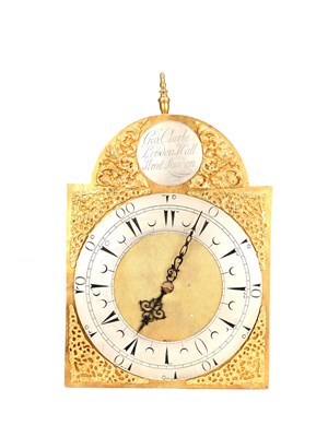 Lot 65 - GEORGE CLARKE, LONDON. AN EARLY 18TH CENTURY BRASS ARCHED DIAL LANTERN CLOCK