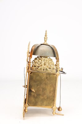 Lot 65 - GEORGE CLARKE, LONDON. AN EARLY 18TH CENTURY BRASS ARCHED DIAL LANTERN CLOCK