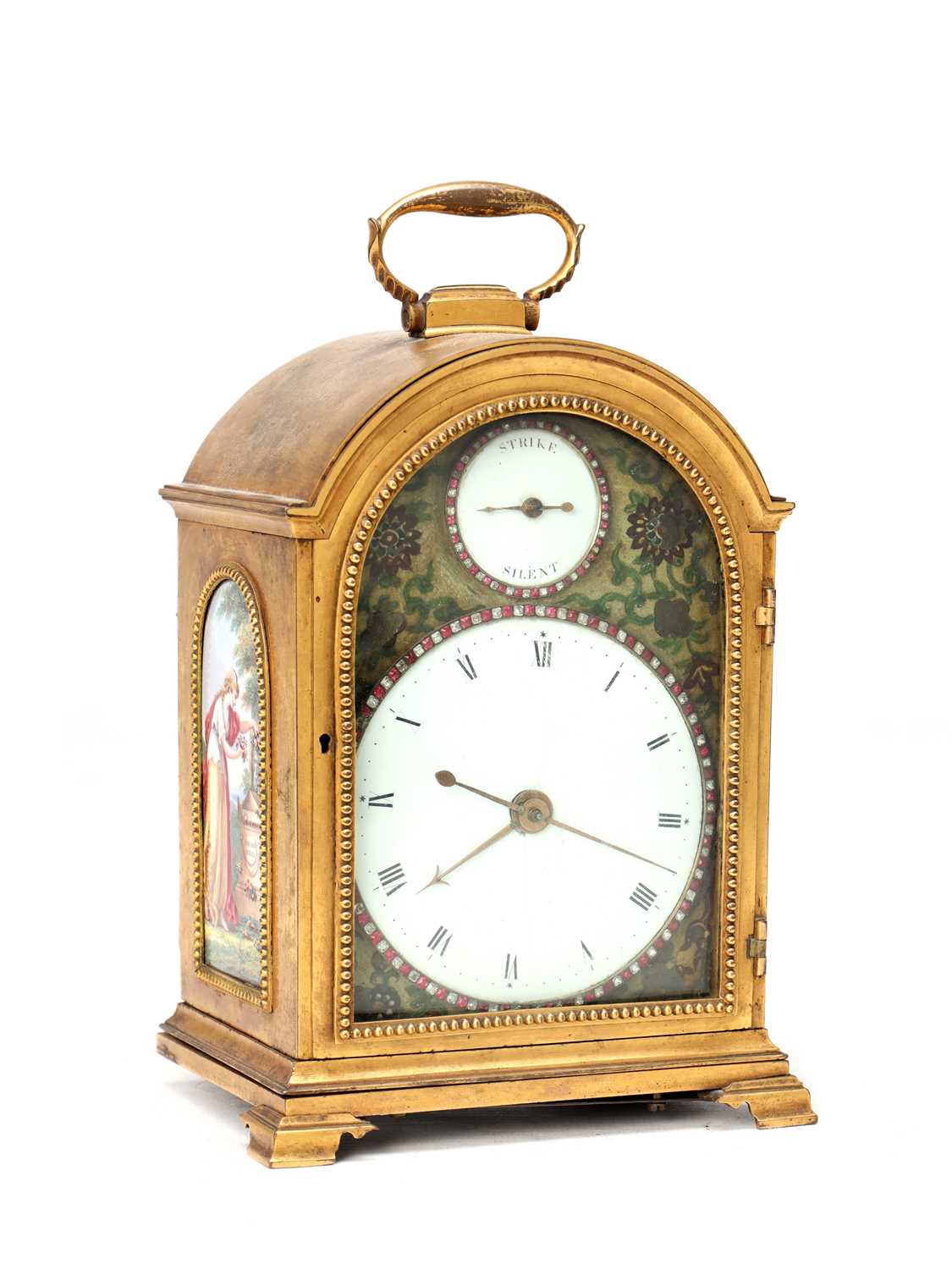 Lot 43 - FREDERICK MILLER, LONDON. A RARE LATE 18TH CENTURY MINIATURE PORCELAIN PANEL QUARTER CHIMING TRIPLE FUSEE GILT BRASS MANTEL CLOCK FOR THE CHINESE MARKET