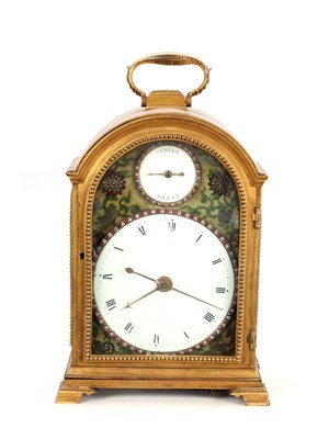 Lot 43 - FREDERICK MILLER, LONDON. A RARE LATE 18TH CENTURY MINIATURE PORCELAIN PANEL QUARTER CHIMING TRIPLE FUSEE GILT BRASS MANTEL CLOCK FOR THE CHINESE MARKET