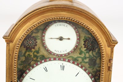 Lot 43 - FREDERICK MILLER, LONDON. A RARE LATE 18TH CENTURY MINIATURE PORCELAIN PANEL QUARTER CHIMING TRIPLE FUSEE GILT BRASS MANTEL CLOCK FOR THE CHINESE MARKET