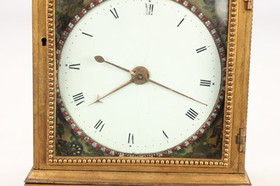 Lot 43 - FREDERICK MILLER, LONDON. A RARE LATE 18TH CENTURY MINIATURE PORCELAIN PANEL QUARTER CHIMING TRIPLE FUSEE GILT BRASS MANTEL CLOCK FOR THE CHINESE MARKET