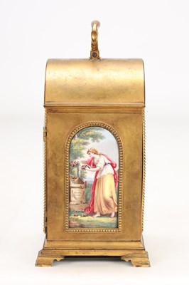 Lot 43 - FREDERICK MILLER, LONDON. A RARE LATE 18TH CENTURY MINIATURE PORCELAIN PANEL QUARTER CHIMING TRIPLE FUSEE GILT BRASS MANTEL CLOCK FOR THE CHINESE MARKET