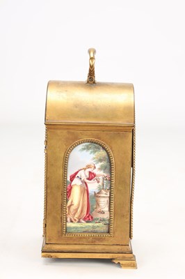 Lot 43 - FREDERICK MILLER, LONDON. A RARE LATE 18TH CENTURY MINIATURE PORCELAIN PANEL QUARTER CHIMING TRIPLE FUSEE GILT BRASS MANTEL CLOCK FOR THE CHINESE MARKET