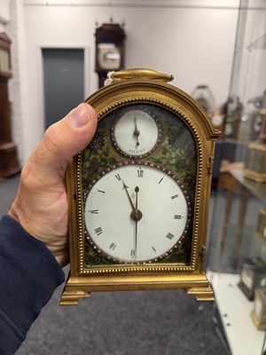 Lot 43 - FREDERICK MILLER, LONDON. A RARE LATE 18TH CENTURY MINIATURE PORCELAIN PANEL QUARTER CHIMING TRIPLE FUSEE GILT BRASS MANTEL CLOCK FOR THE CHINESE MARKET
