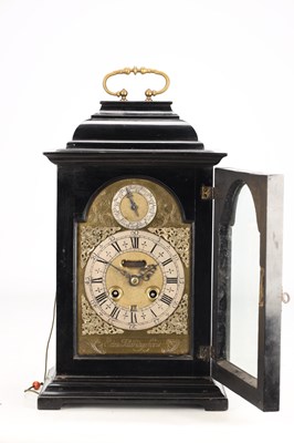 Lot 82 - EDWARD ALDRIDGE, DEAL (KENT). AN UNUSUAL GEORGE I EBONISED QUARTER REPEATING BRACKET CLOCK TIMEPIECE
