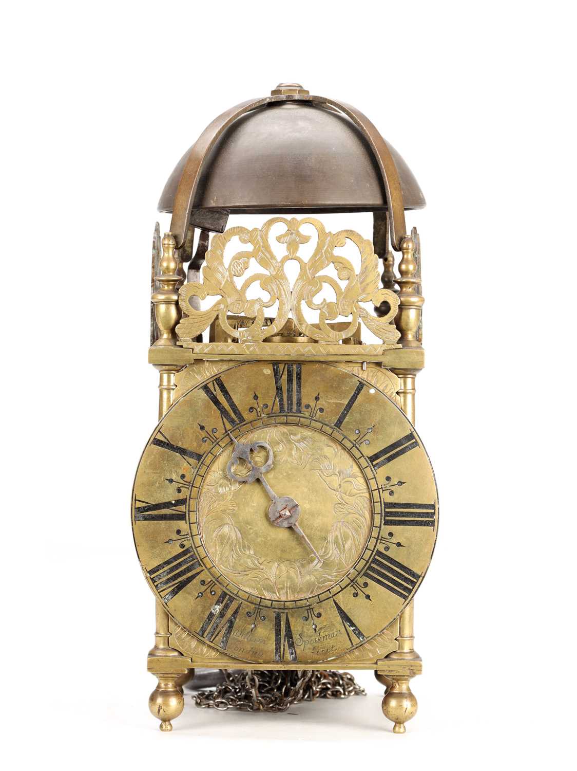 Lot 97 - WILLIAM SPEAKMAN, LONDON A LATE 17TH CENTURY BRASS VERGE STRIKING LANTERN CLOCK
