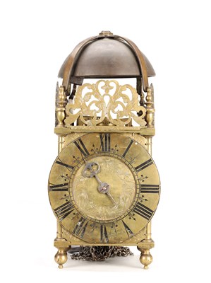 Lot 97 - WILLIAM SPEAKMAN, LONDON A LATE 17TH CENTURY BRASS VERGE STRIKING LANTERN CLOCK