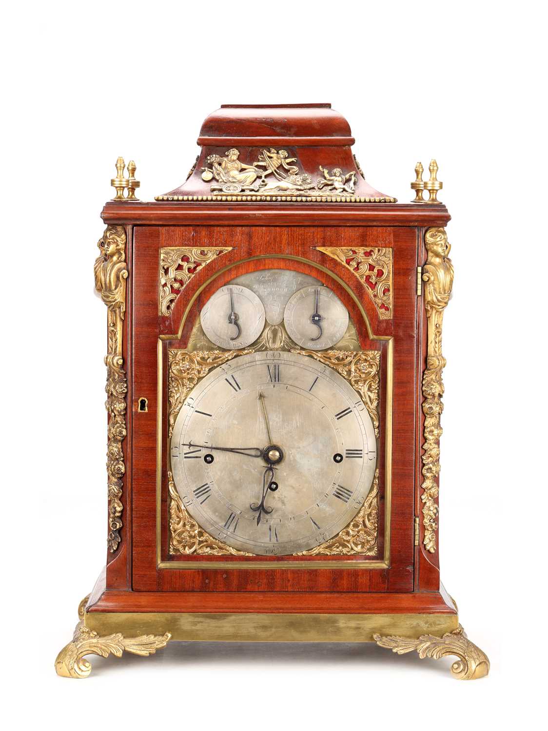 Lot 24 - JOHN TAYLOR, LONDON A GEORGE III MAHOGANY ORMOLU MOUNTED MUSICAL BRACKET CLOCK