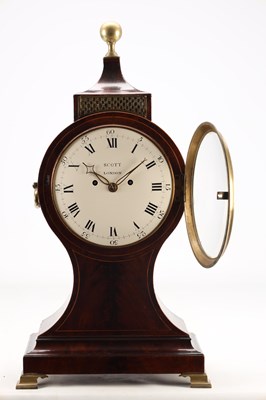 Lot 198 - SCOTT, LONDON. A GEORGE III FLAMED MAHOGANY AND BOXWOOD STRUNG DOUBLE FUSEE BALLOON SHAPED BRACKET CLOCK