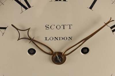 Lot 198 - SCOTT, LONDON. A GEORGE III FLAMED MAHOGANY AND BOXWOOD STRUNG DOUBLE FUSEE BALLOON SHAPED BRACKET CLOCK
