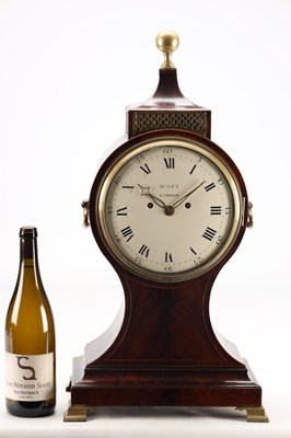 Lot 198 - SCOTT, LONDON. A GEORGE III FLAMED MAHOGANY AND BOXWOOD STRUNG DOUBLE FUSEE BALLOON SHAPED BRACKET CLOCK