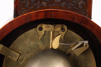 Lot 198 - SCOTT, LONDON. A GEORGE III FLAMED MAHOGANY AND BOXWOOD STRUNG DOUBLE FUSEE BALLOON SHAPED BRACKET CLOCK