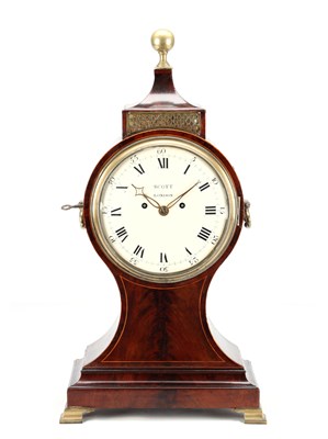 Lot 198 - SCOTT, LONDON. A GEORGE III FLAMED MAHOGANY AND BOXWOOD STRUNG DOUBLE FUSEE BALLOON SHAPED BRACKET CLOCK