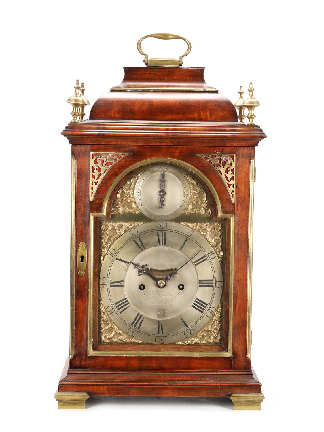Lot 144 - STEPHEN RIMBAULT, LONDON. A GEORGE III FRUITWOOD VENEERED VERGE BRACKET CLOCK