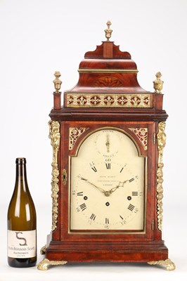 Lot 152 - JOHN SCOTT, LONDON. A GEORGE III ORMOLU MOUNTED FIGURED MAHOGANY QUARTER STRIKING BRACKET CLOCK