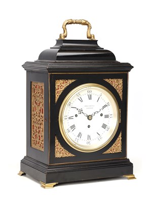 Lot 90 - JOHN DEVIS, LONDON. A GEORGE III EBONISED QUARTER CHIMING VERGE BRACKET CLOCK