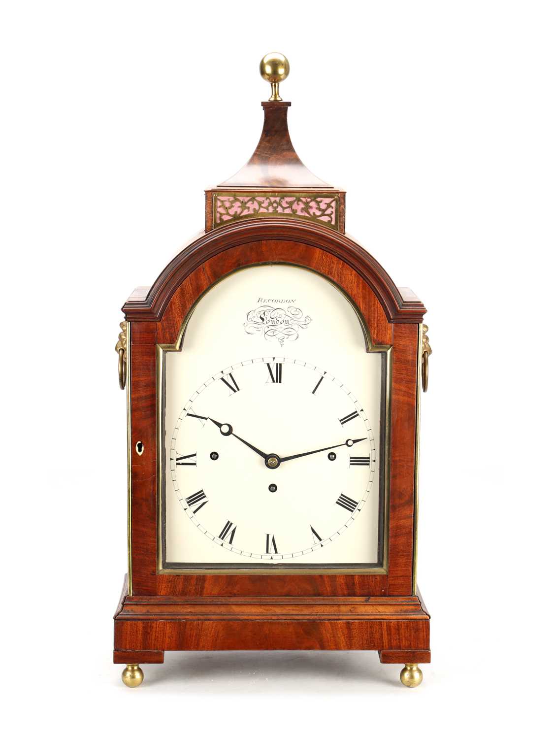 Lot 25 - RECORDON, LONDON. A GEORGE III FIGURED MAHOGANY QUARTER-CHIMING BRACKET CLOCK