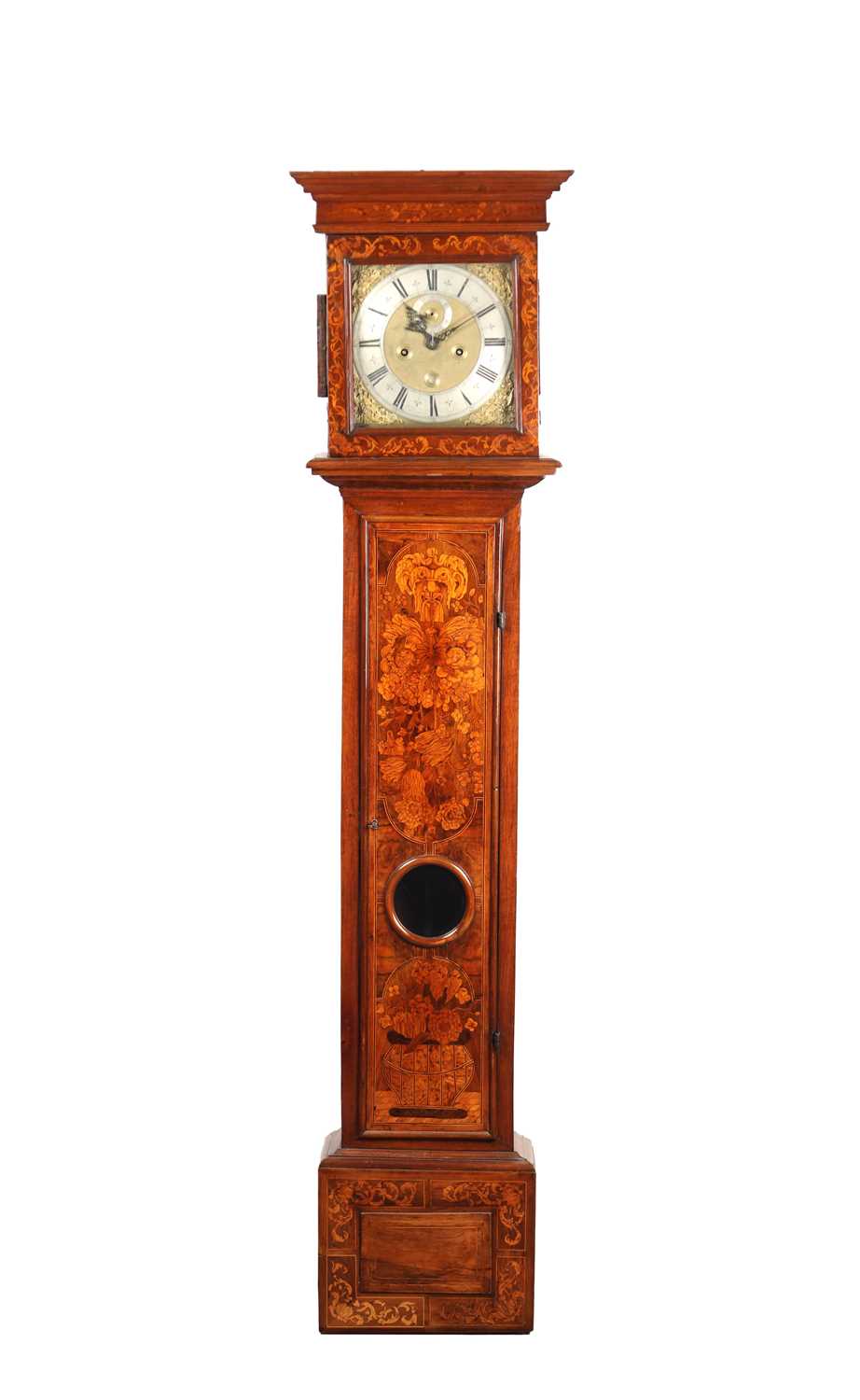 Lot 56 - JOSEPH WINDMILLS, LONDON. A WILLIAM AND MARY WALNUT AND MARQUETRY LONGCASE CLOCK