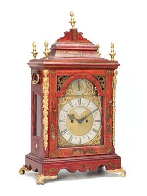Lot DANIEL DESBIOS, LONDON. A 19TH CENTURY AND LATER SCARLET LACQUER AND ORMOLU MOUNTED CHINOISERIE BRACKET CLOCK