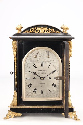 Lot 2 - LUND AND BLOCKLEY, LONDON. A LATE 19TH CENTURY ORMOLU MOUNTED EBONISED DOUBLE FUSEE BRACKET CLOCK