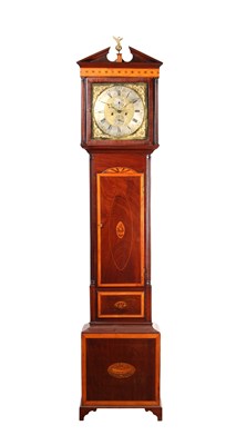 Lot 62 - FRANCIS DUNN, DUBLIN. A GEORGE III FIGURED MAHOGANY AND SATINWOOD INLAID LONGCASE CLOCK