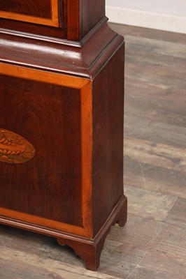 Lot 62 - FRANCIS DUNN, DUBLIN. A GEORGE III FIGURED MAHOGANY AND SATINWOOD INLAID LONGCASE CLOCK