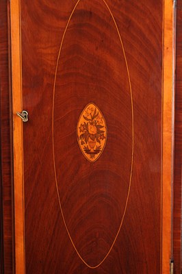 Lot 62 - FRANCIS DUNN, DUBLIN. A GEORGE III FIGURED MAHOGANY AND SATINWOOD INLAID LONGCASE CLOCK