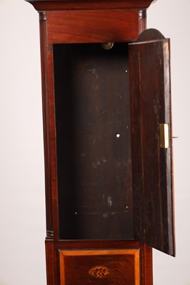 Lot 62 - FRANCIS DUNN, DUBLIN. A GEORGE III FIGURED MAHOGANY AND SATINWOOD INLAID LONGCASE CLOCK
