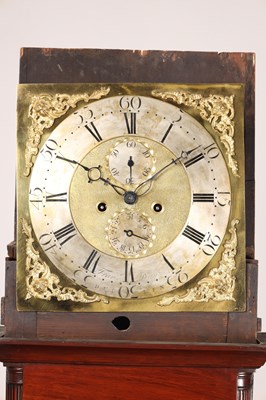 Lot 62 - FRANCIS DUNN, DUBLIN. A GEORGE III FIGURED MAHOGANY AND SATINWOOD INLAID LONGCASE CLOCK