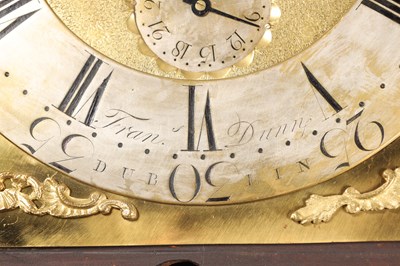 Lot 62 - FRANCIS DUNN, DUBLIN. A GEORGE III FIGURED MAHOGANY AND SATINWOOD INLAID LONGCASE CLOCK