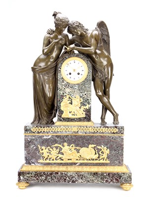 Lot 64 - A LARGE 19TH CENTURY FRENCH PATINATED AND GILT BRONZE AND MARBLE FIGURAL MANTEL CLOCK