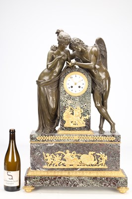 Lot 64 - A LARGE 19TH CENTURY FRENCH PATINATED AND GILT BRONZE AND MARBLE FIGURAL MANTEL CLOCK