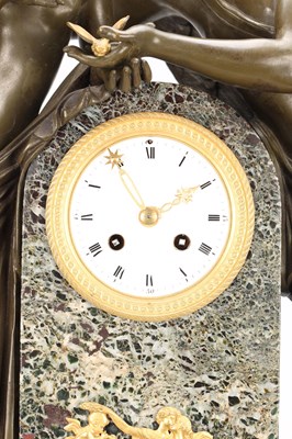 Lot 64 - A LARGE 19TH CENTURY FRENCH PATINATED AND GILT BRONZE AND MARBLE FIGURAL MANTEL CLOCK
