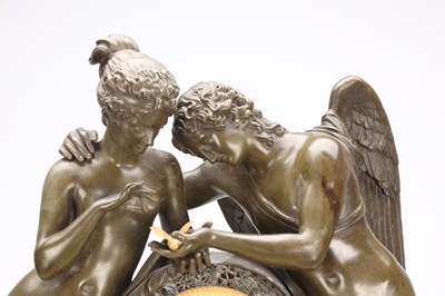 Lot 64 - A LARGE 19TH CENTURY FRENCH PATINATED AND GILT BRONZE AND MARBLE FIGURAL MANTEL CLOCK