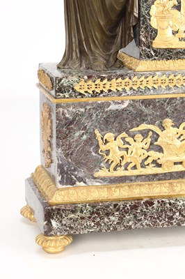 Lot 64 - A LARGE 19TH CENTURY FRENCH PATINATED AND GILT BRONZE AND MARBLE FIGURAL MANTEL CLOCK