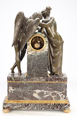 Lot 64 - A LARGE 19TH CENTURY FRENCH PATINATED AND GILT BRONZE AND MARBLE FIGURAL MANTEL CLOCK
