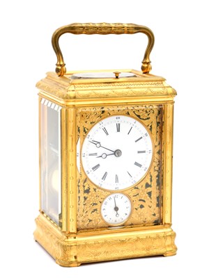 Lot 55 - DROCOURT, PARIS. A LATE 19TH CENTURY GORGE CASED GILT BRASS ENGRAVED AND ENAMELLED REPEATING CARRIAGE CLOCK